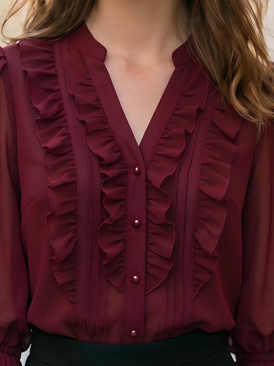 Ruffled V-Neck Chiffon Blouse sold by Mooyius product image thumbnail 3