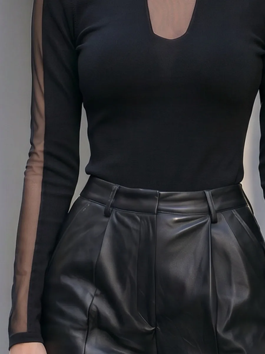 Sheer Mesh Panel Long-Sleeve Knit Top sold by Mooyius product image thumbnail 3