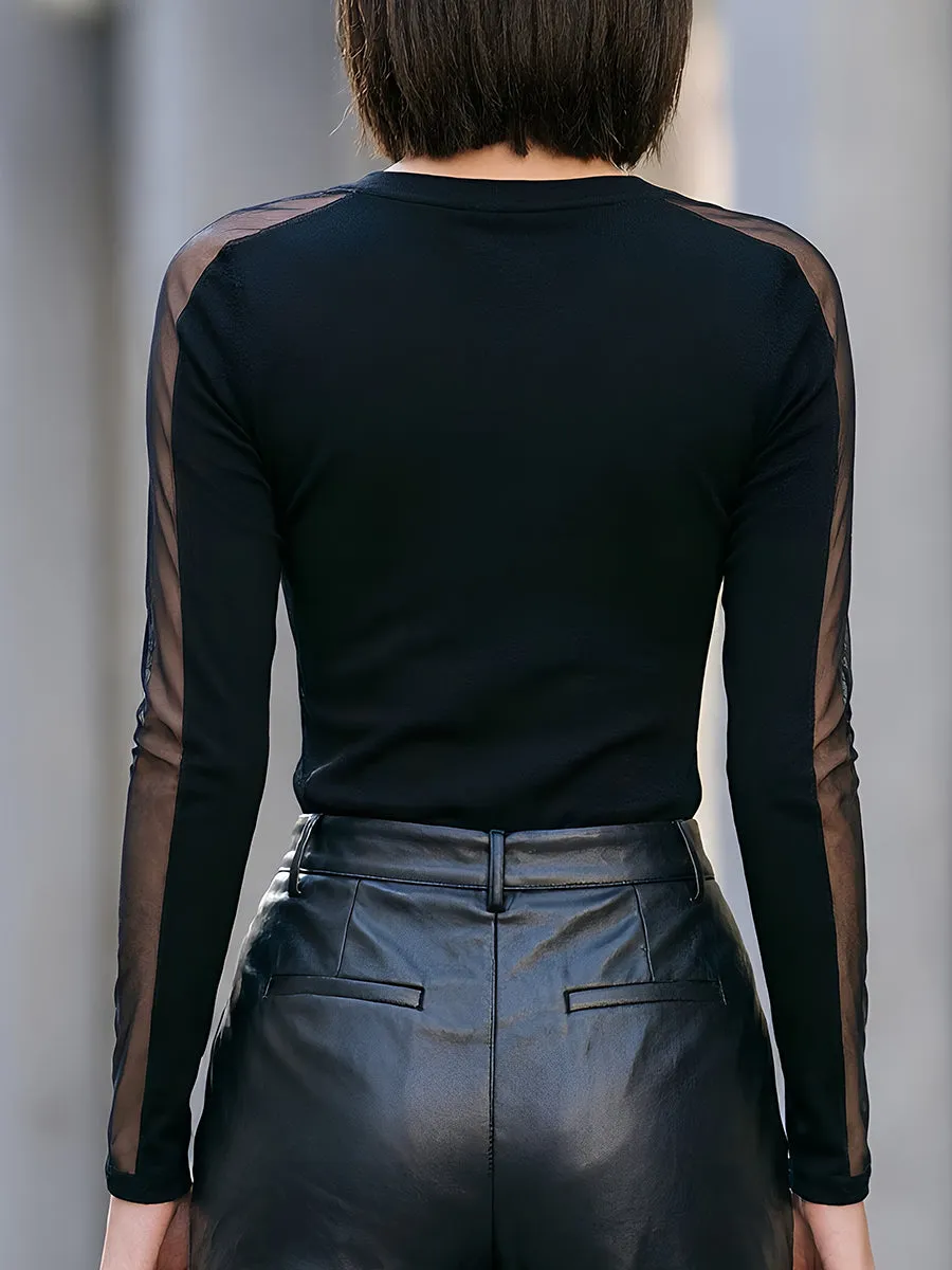 Sheer Mesh Panel Long-Sleeve Knit Top sold by Mooyius product image thumbnail 4