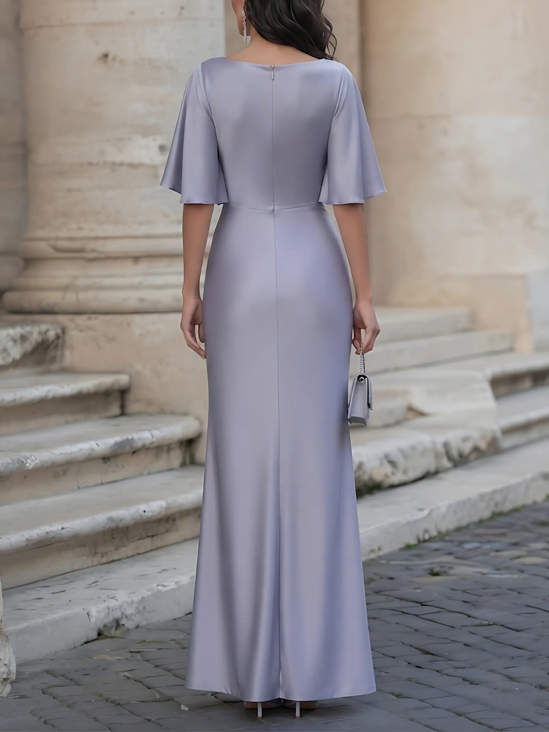 V-Neck Flutter-Sleeve Ruched Satin Gown sold by Mooyius product image thumbnail 2