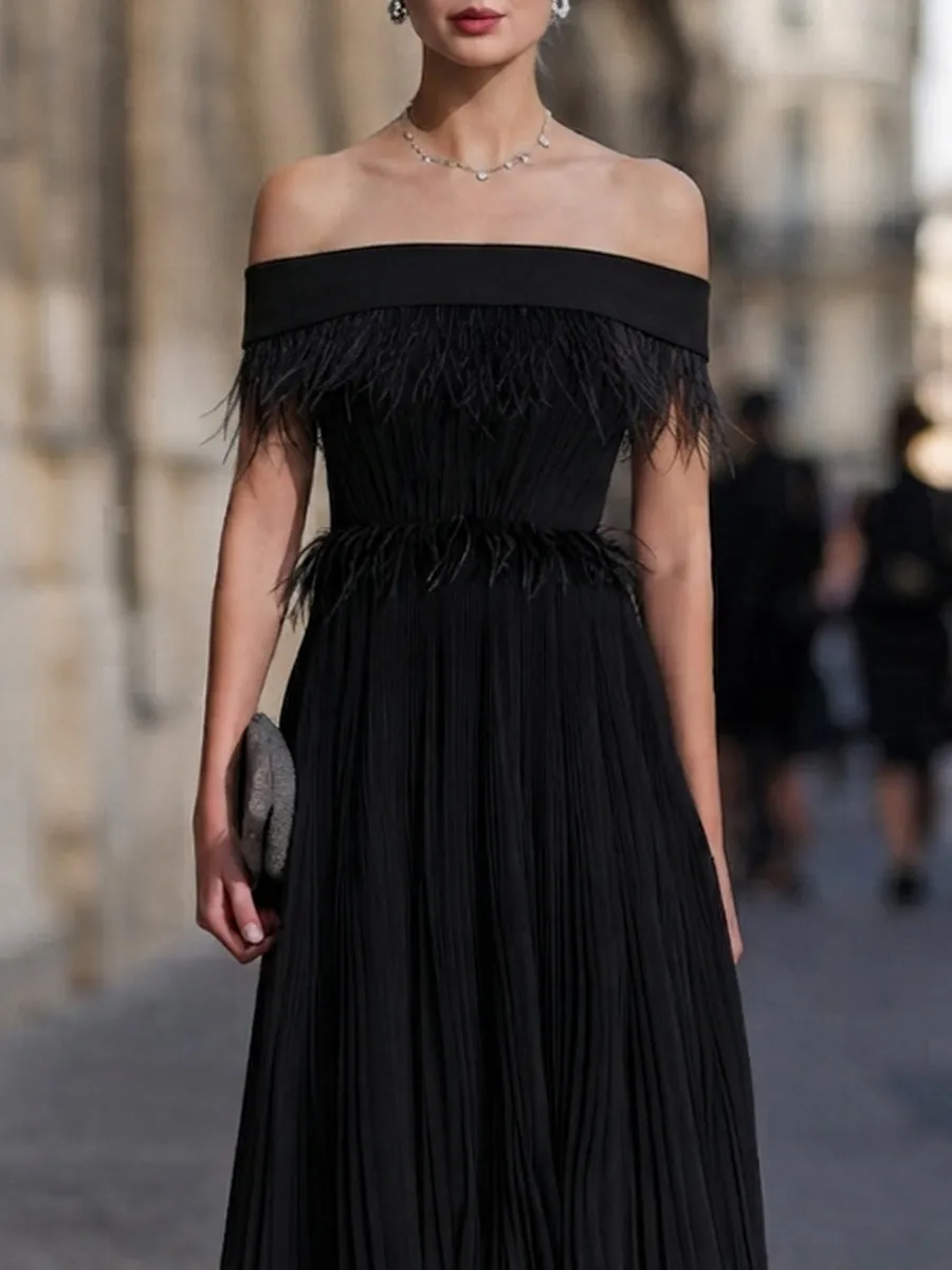 Off-Shoulder Feather-Trimmed Pleated Maxi Gown sold by Mooyius product image thumbnail 3