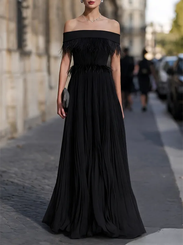 Off-Shoulder Feather-Trimmed Pleated Maxi Gown made by Mooyius