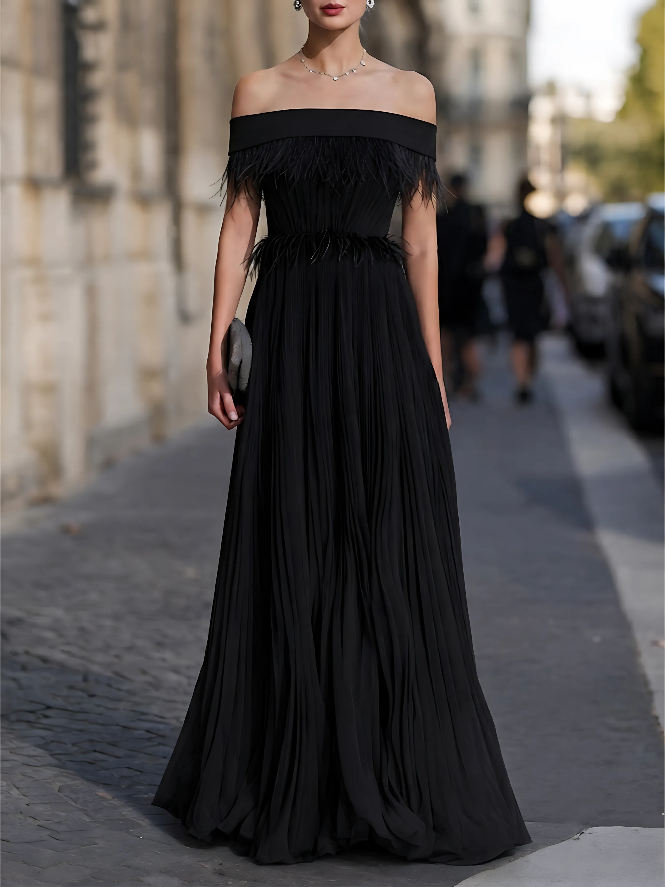 Off-Shoulder Feather-Trimmed Pleated Maxi Gown sold by Mooyius