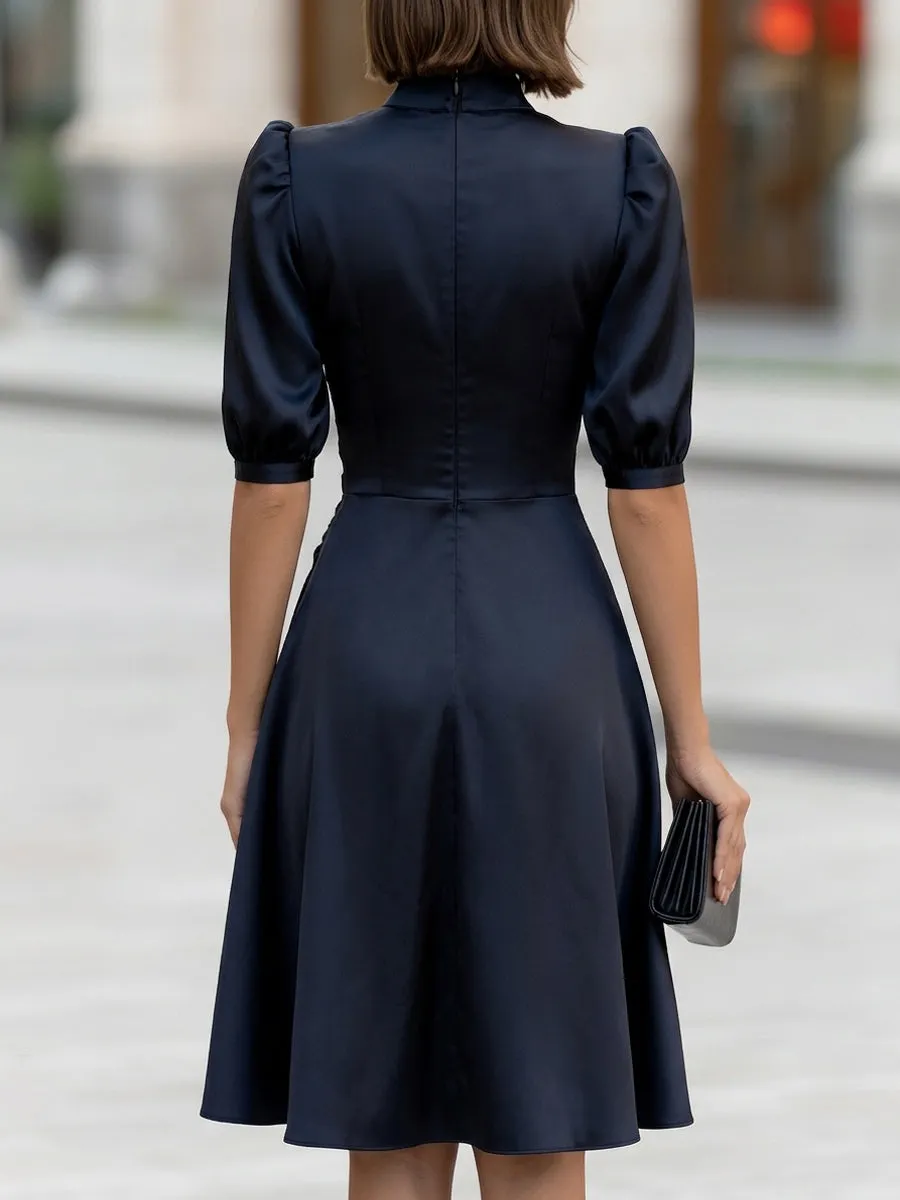 Puff Sleeves Satin Ruched Waist Midi Dress sold by Mooyius product image thumbnail 4