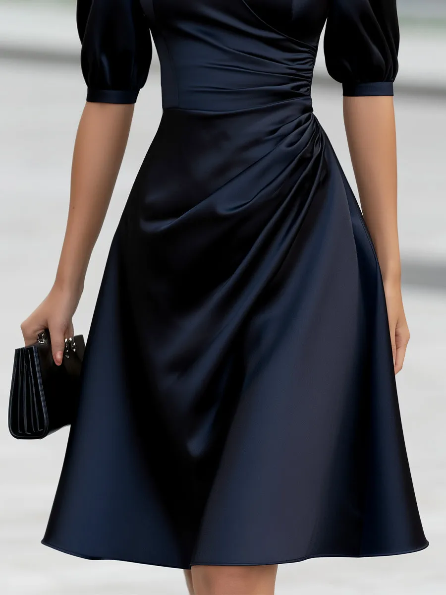 Puff Sleeves Satin Ruched Waist Midi Dress sold by Mooyius product image thumbnail 3