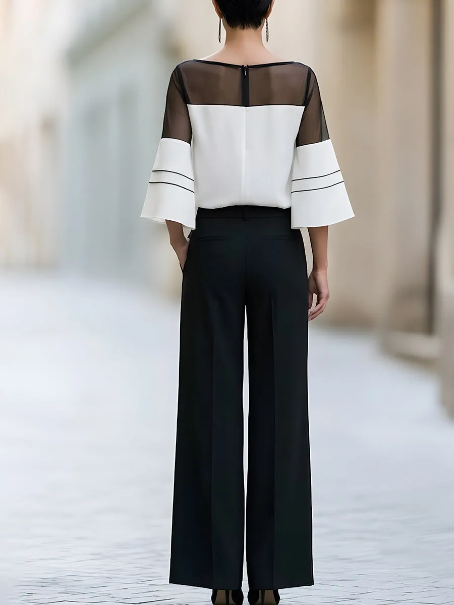 Contrast Mesh Sleeve Blouse And Wide Leg Pants Set sold by Mooyius product image thumbnail 4