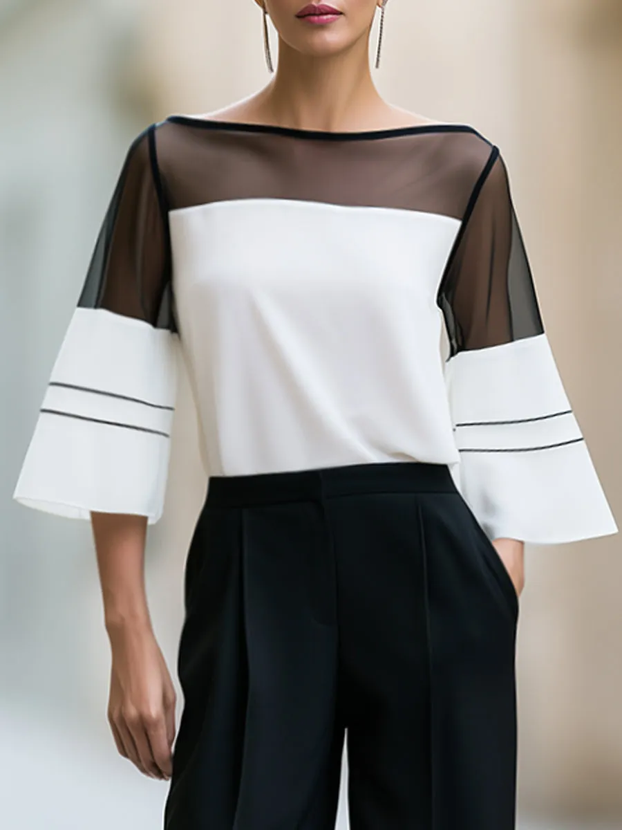 Contrast Mesh Sleeve Blouse And Wide Leg Pants Set sold by Mooyius product image thumbnail 2