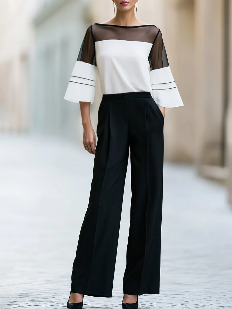 Contrast Mesh Sleeve Blouse And Wide Leg Pants Set sold by Mooyius