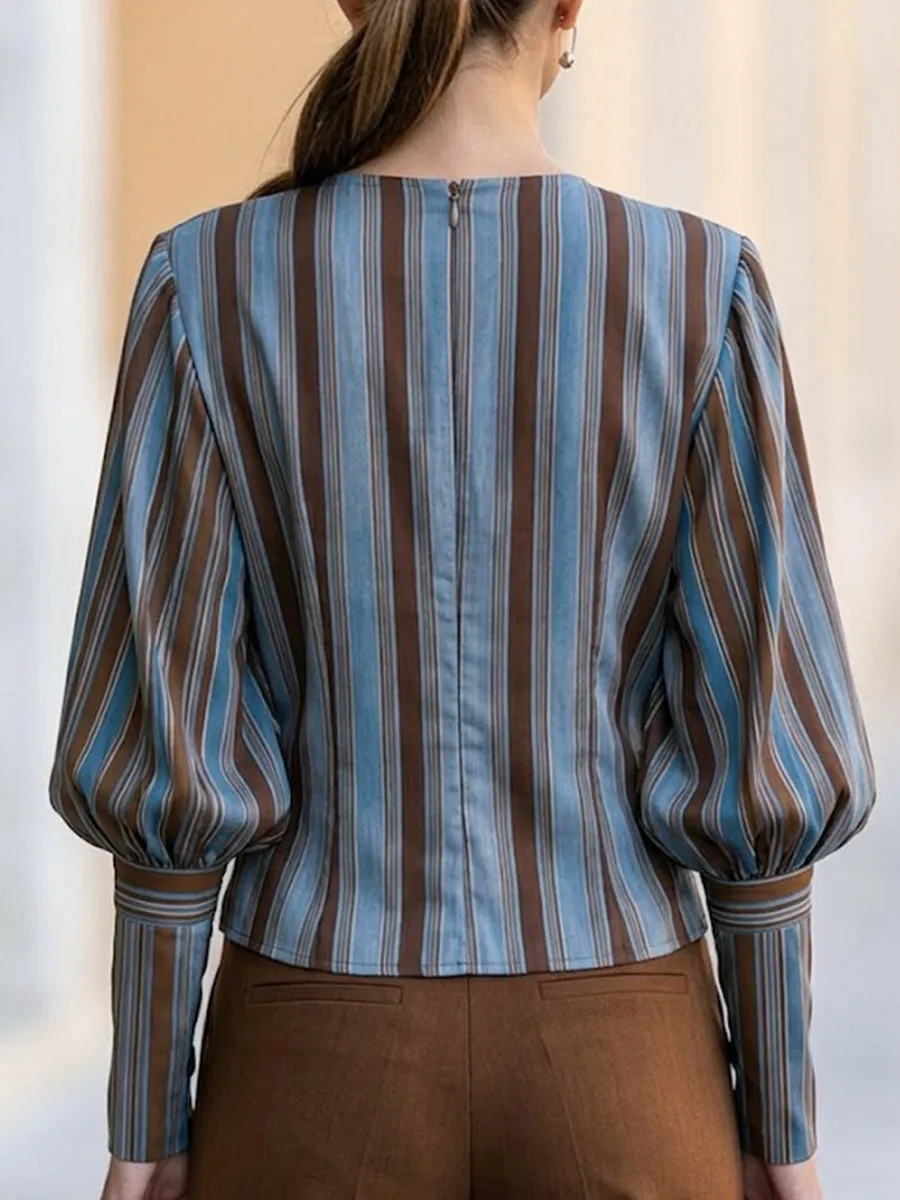 Striped Draped V-Neck Long Sleeve Blouse With Waist Ring Detail sold by Mooyius product image thumbnail 5