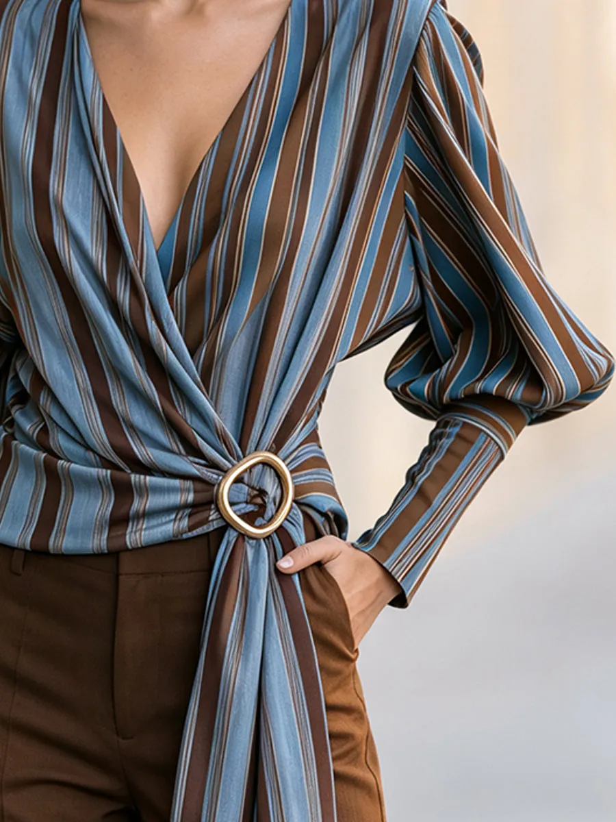 Striped Draped V-Neck Long Sleeve Blouse With Waist Ring Detail sold by Mooyius product image thumbnail 4