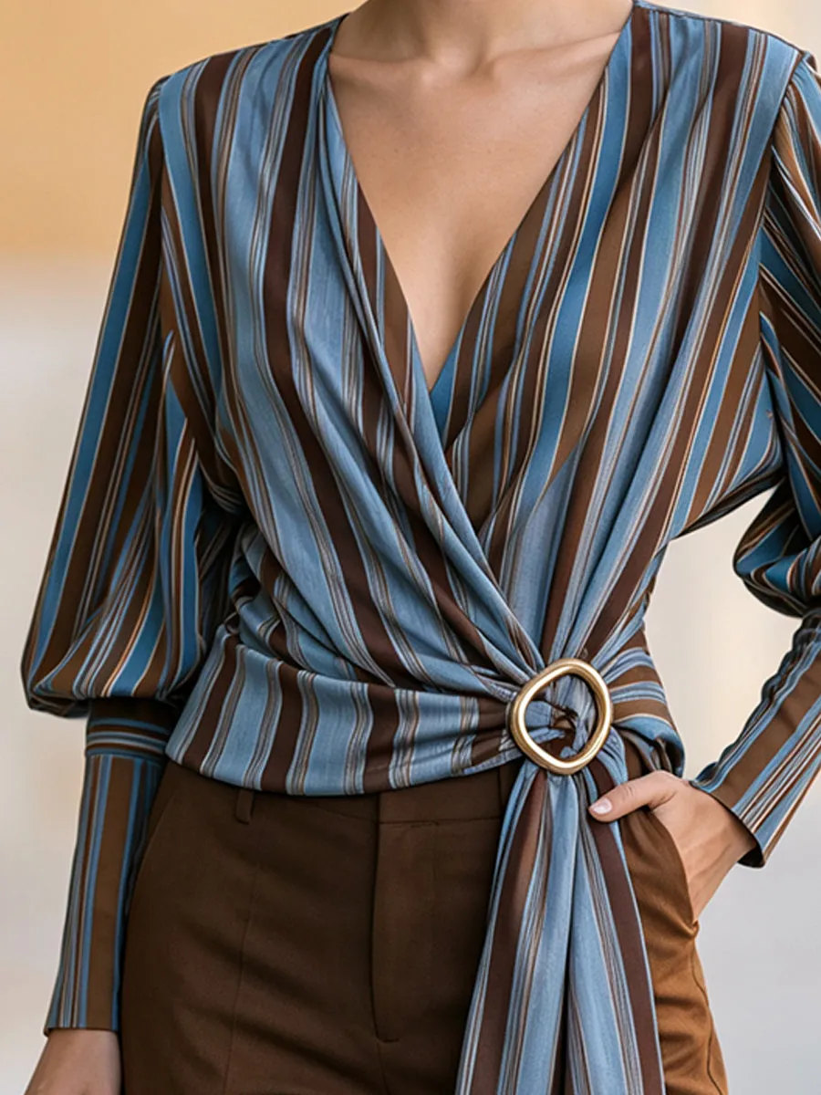 Striped Draped V-Neck Long Sleeve Blouse With Waist Ring Detail sold by Mooyius product image thumbnail 3