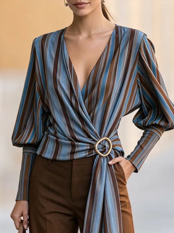 Striped Draped V-Neck Long Sleeve Blouse With Waist Ring Detail made by Mooyius