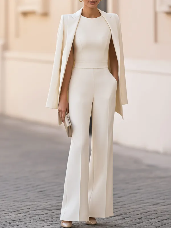 Elegant Cape-Style Blazer And Sleeveless Wide-Leg Jumpsuit Two-piece Set made by Mooyius