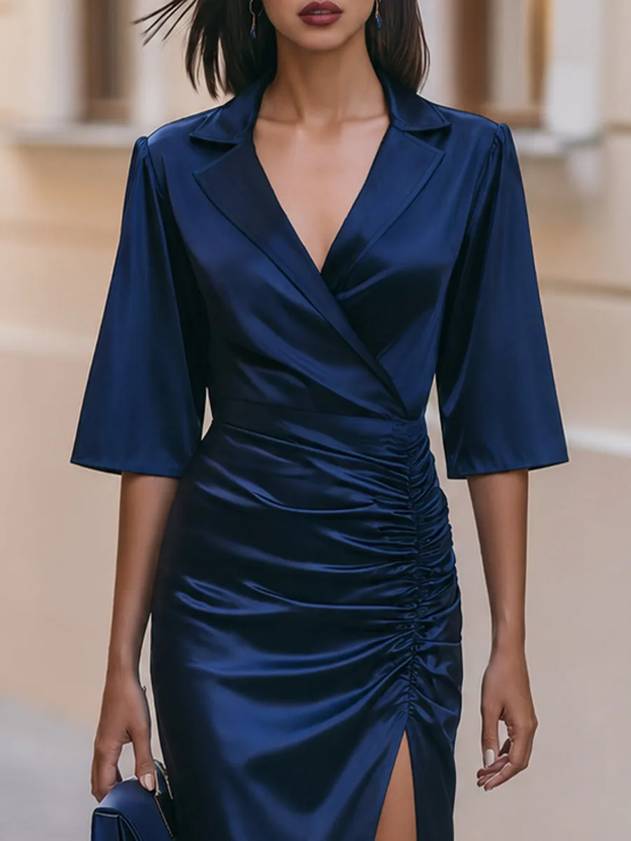 Notched Lapel Wrap V Neck Ruched Side Slit Midi Dress sold by Mooyius product image thumbnail 3