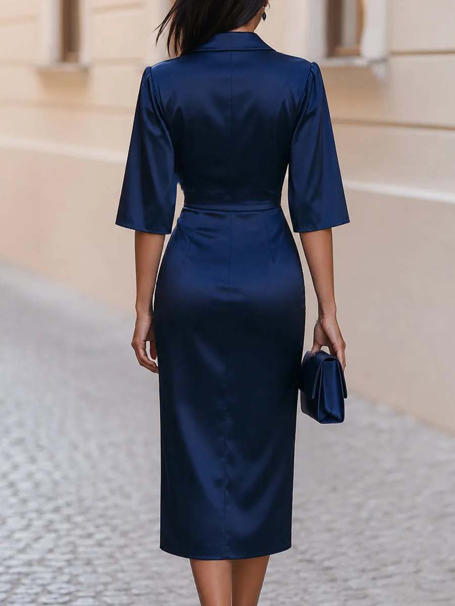 Notched Lapel Wrap V Neck Ruched Side Slit Midi Dress sold by Mooyius product image thumbnail 2