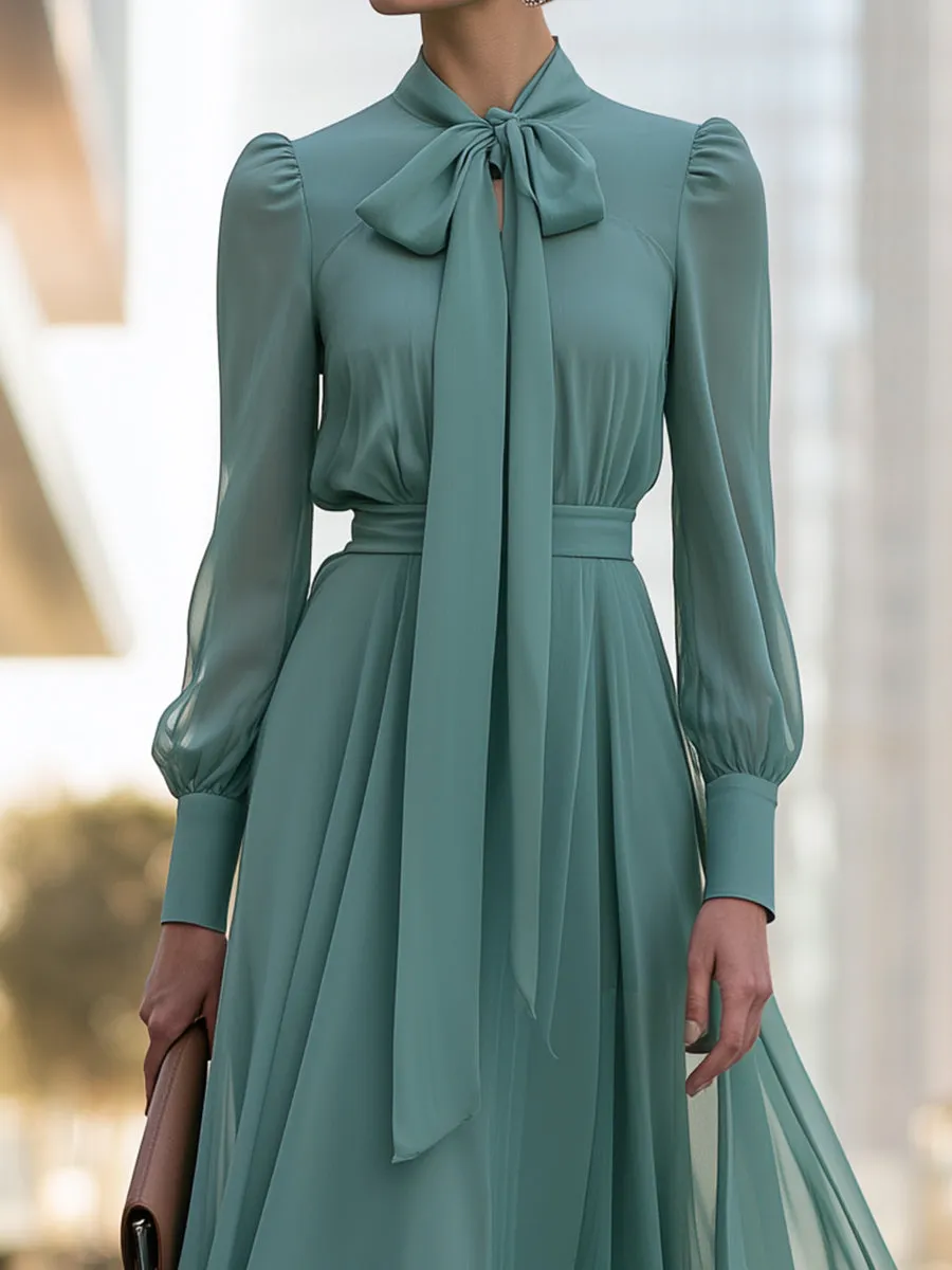 Chiffon Bow-Neck Long-Sleeve Maxi Dress sold by Mooyius product image thumbnail 3