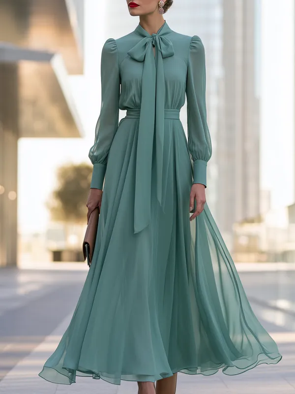 Chiffon Bow-Neck Long-Sleeve Maxi Dress made by Mooyius