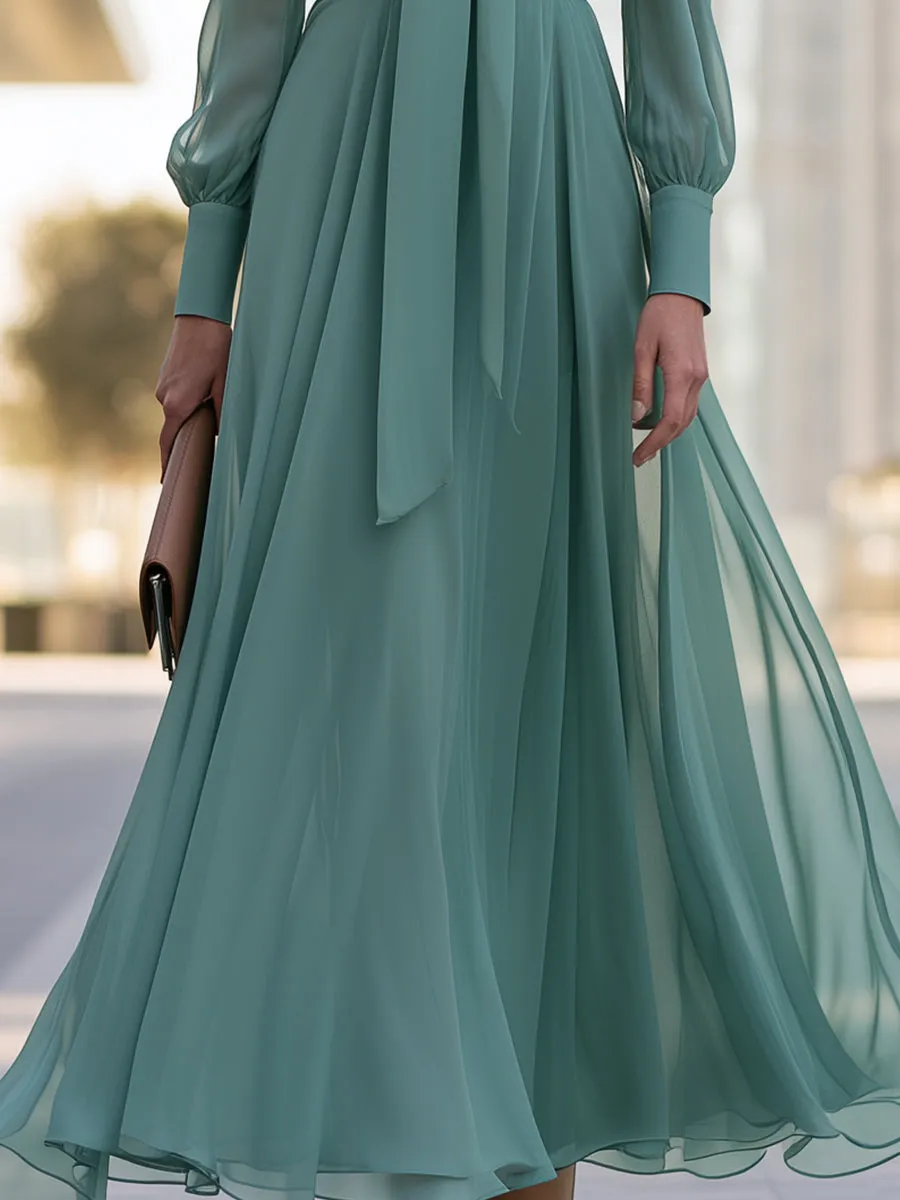Chiffon Bow-Neck Long-Sleeve Maxi Dress sold by Mooyius product image thumbnail 4