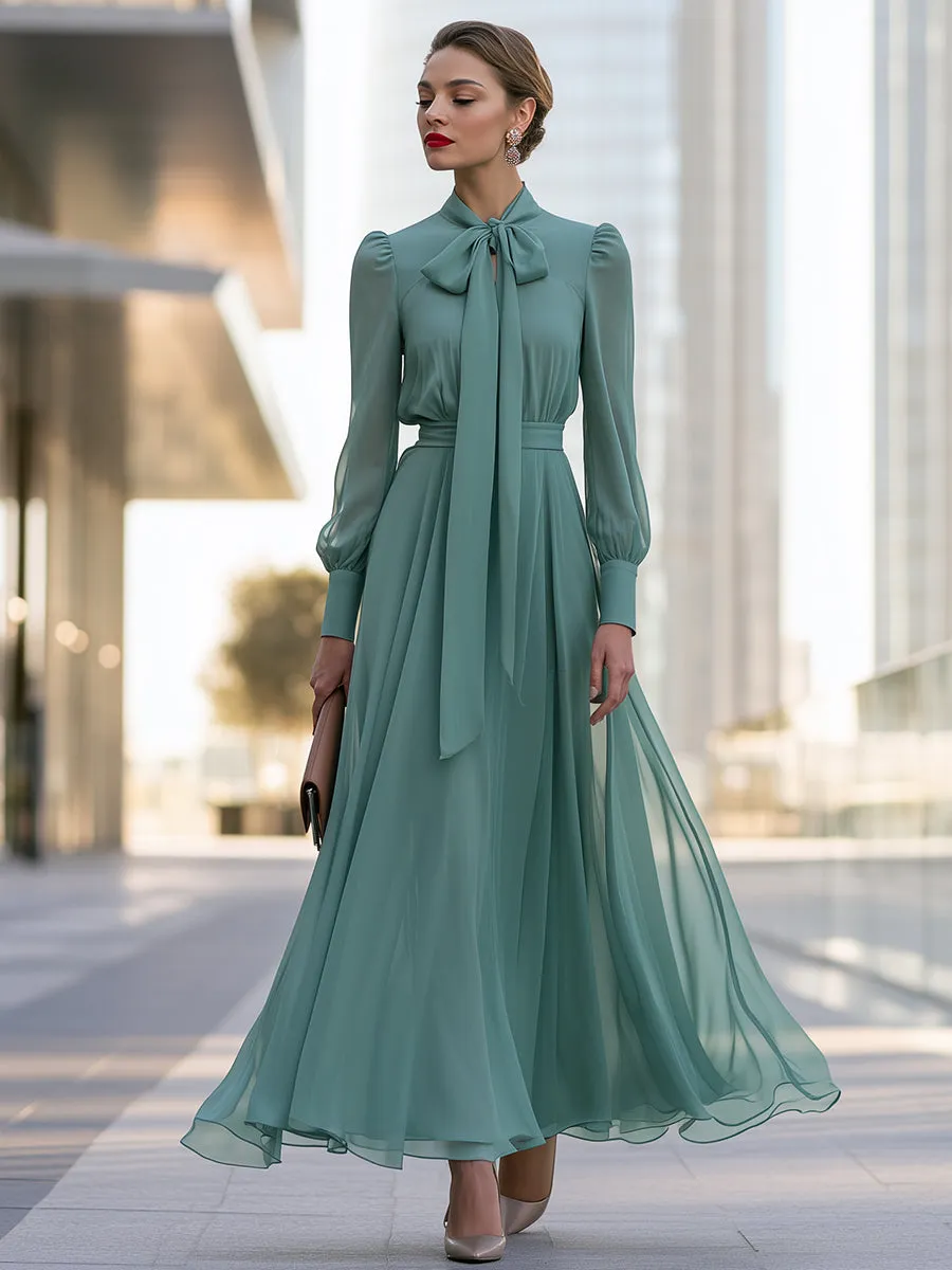 Chiffon Bow-Neck Long-Sleeve Maxi Dress sold by Mooyius product image thumbnail 2