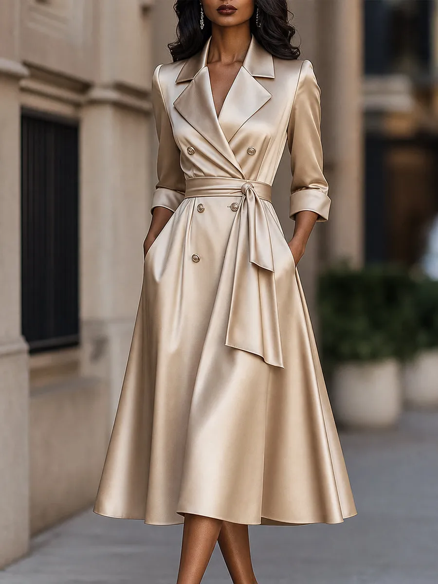 Satin Double-Breasted Tie-Waist Midi Dress sold by Mooyius