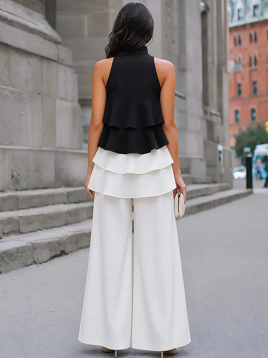 Layered Color-Block Chiffon Top and Wide-Leg Trousers Set sold by Mooyius product image thumbnail 5