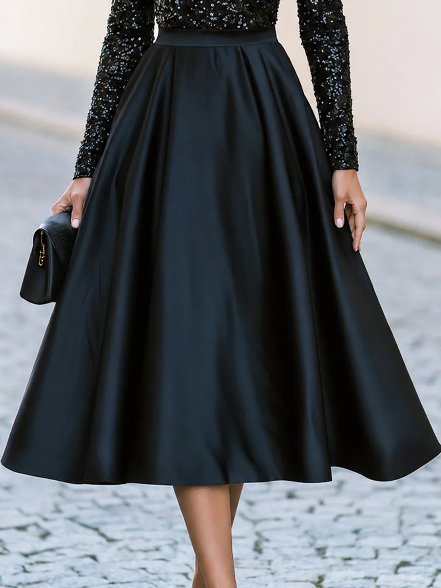 High Neck Sequin Long Sleeve Satin Swing Midi Cocktail Dress sold by Mooyius product image thumbnail 4