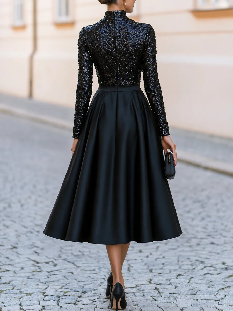 High Neck Sequin Long Sleeve Satin Swing Midi Cocktail Dress sold by Mooyius product image thumbnail 2