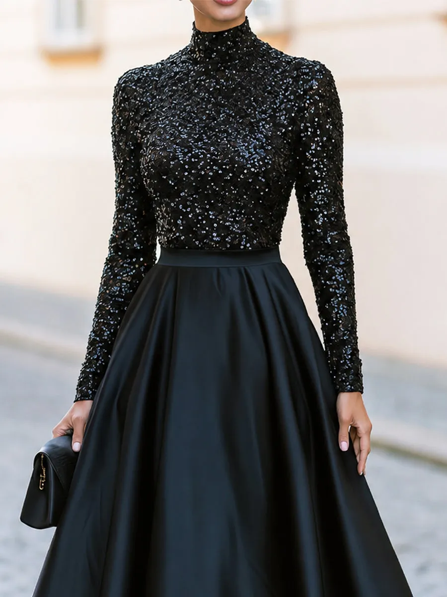 High Neck Sequin Long Sleeve Satin Swing Midi Cocktail Dress sold by Mooyius product image thumbnail 3
