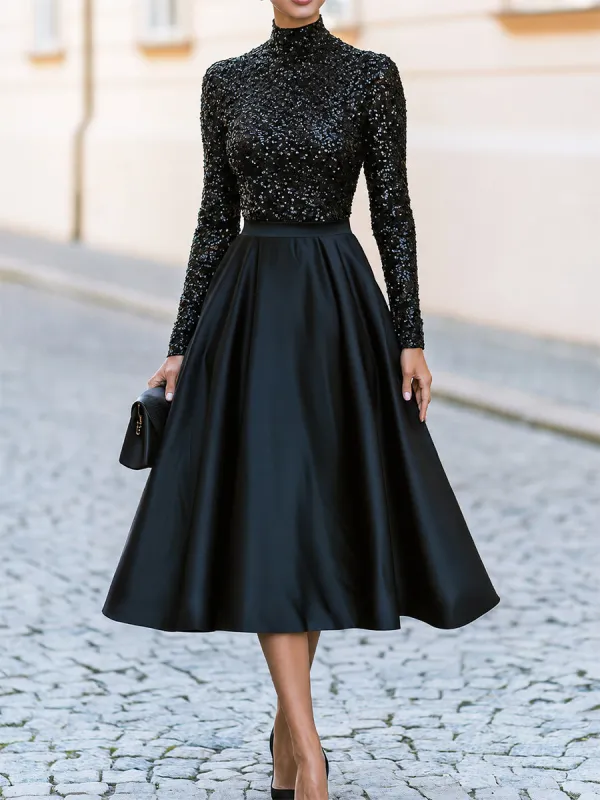 High Neck Sequin Long Sleeve Satin Swing Midi Cocktail Dress made by Something Navy