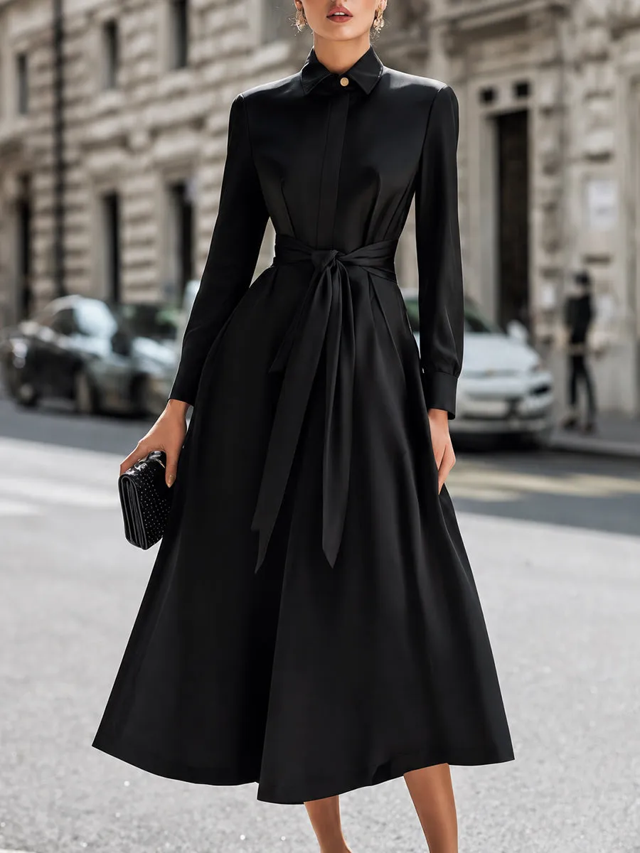 Belted Button-Front Midi Shirt Dress With Full A-Line Skirt sold by Mooyius
