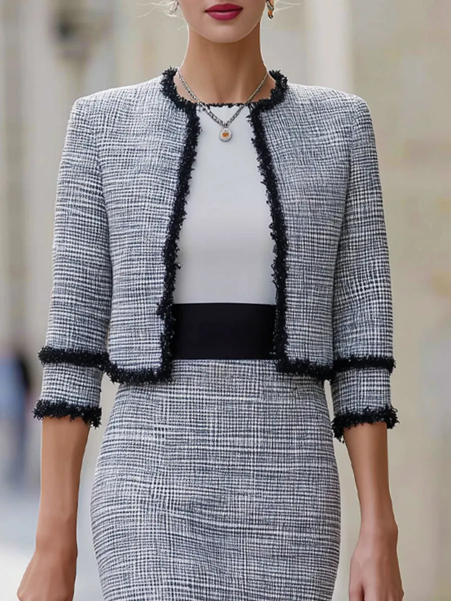 Tweed Fringe-Trim Jacket & Pencil Skirt Tailored Set sold by Mooyius product image thumbnail 3