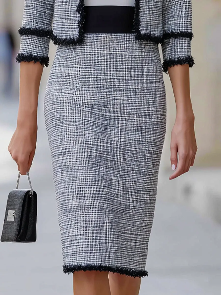 Tweed Fringe-Trim Jacket & Pencil Skirt Tailored Set sold by Mooyius product image thumbnail 4