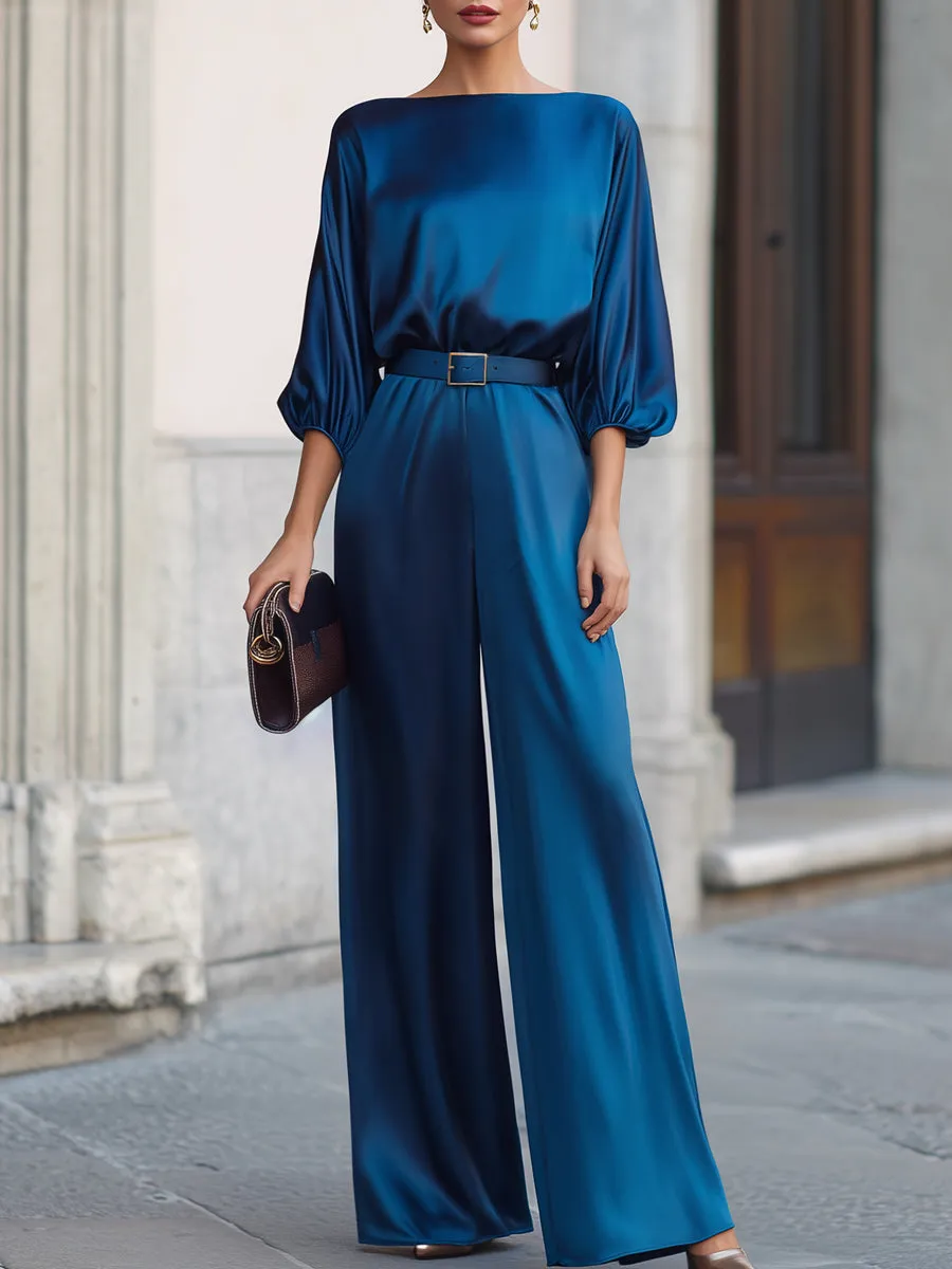 Draped Sleeves Belted Waist Satin Wide-Leg Jumpsuit sold by Mooyius