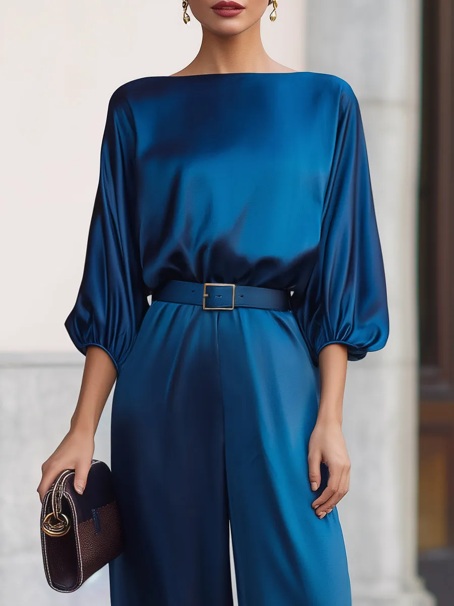 Draped Sleeves Belted Waist Satin Wide-Leg Jumpsuit sold by Mooyius product image thumbnail 2