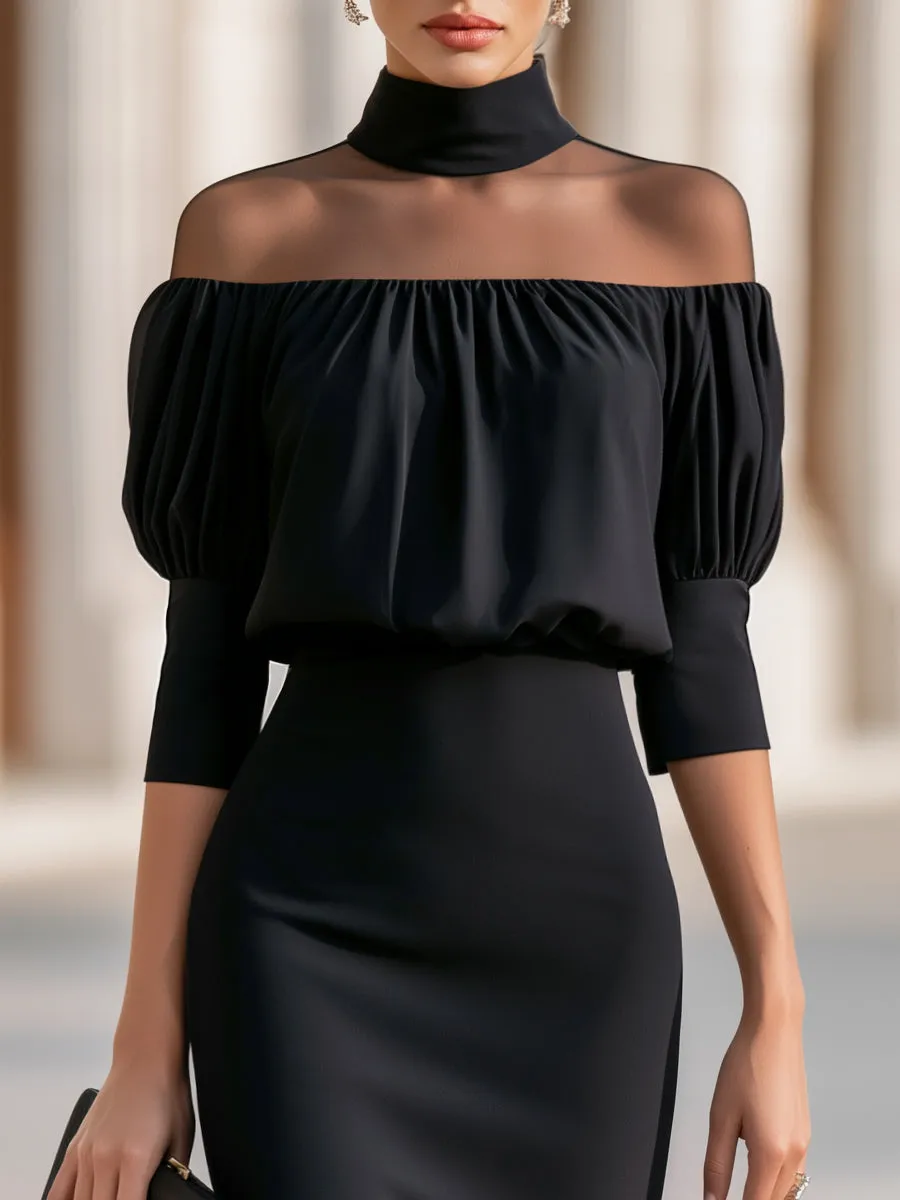 Off-Shoulder Sheer Yoke Puff Sleeves Midi Dress sold by Mooyius product image thumbnail 2
