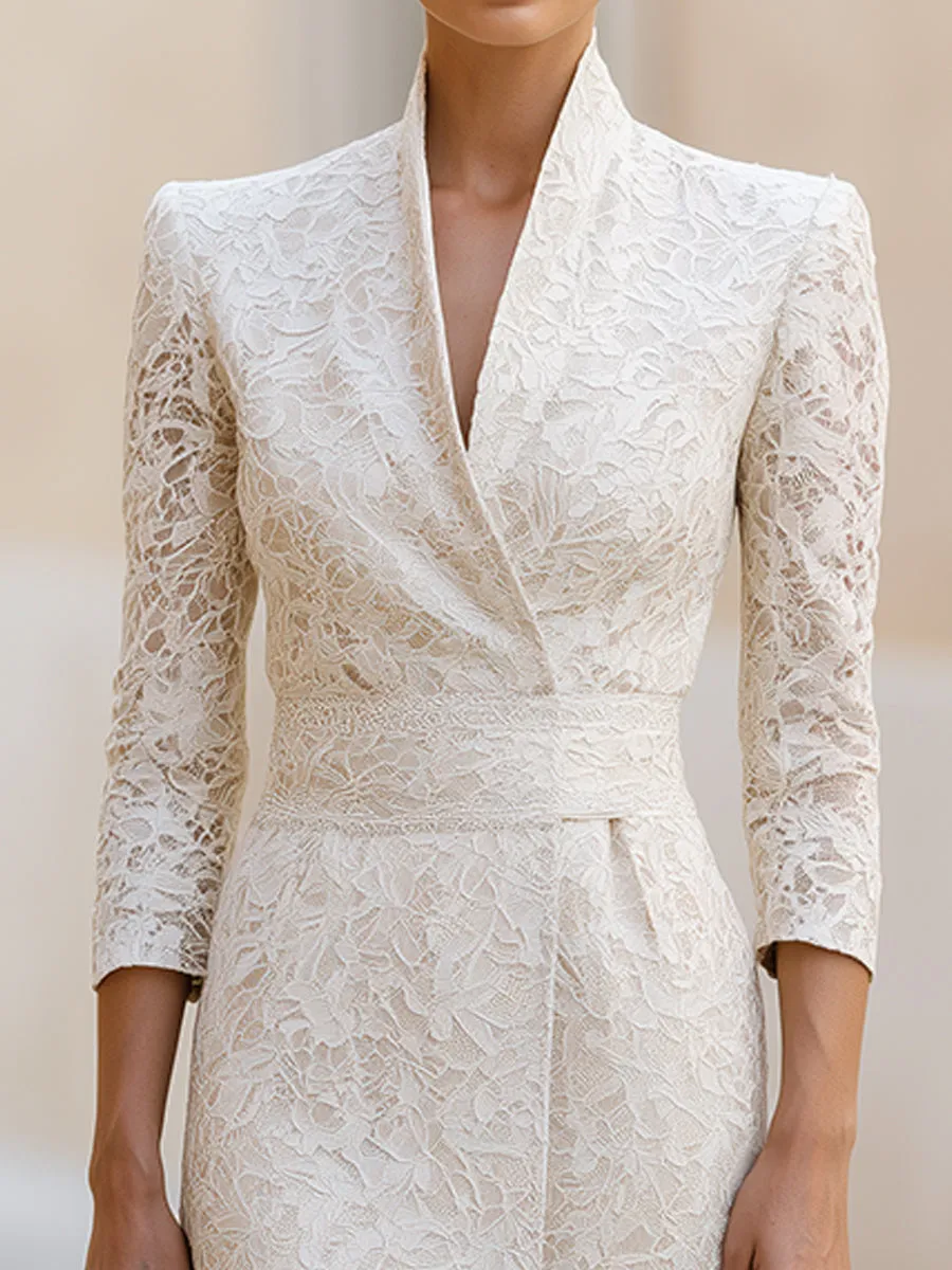 Ivory Lace Wrap-Collar Maxi Dress(Paired with a lace belt) sold by Mooyius product image thumbnail 3
