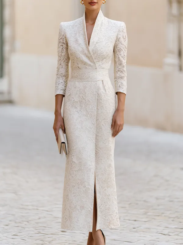 Ivory Lace Wrap-Collar Maxi Dress(Paired with a lace belt) made by Mooyius