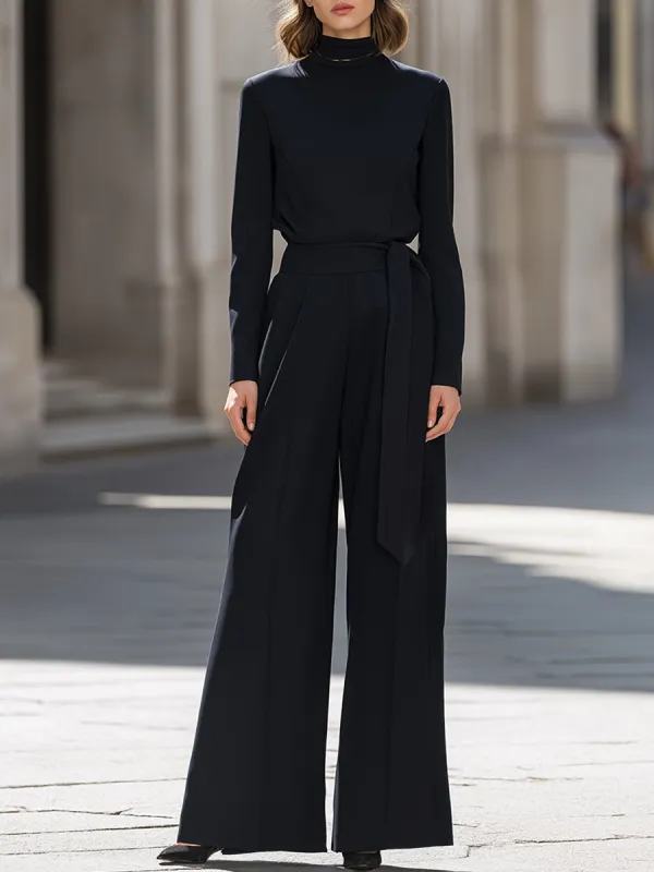 Mock-Neck Top & Wide-Leg Tie-Waist Trousers Two-Piece Set made by Mooyius