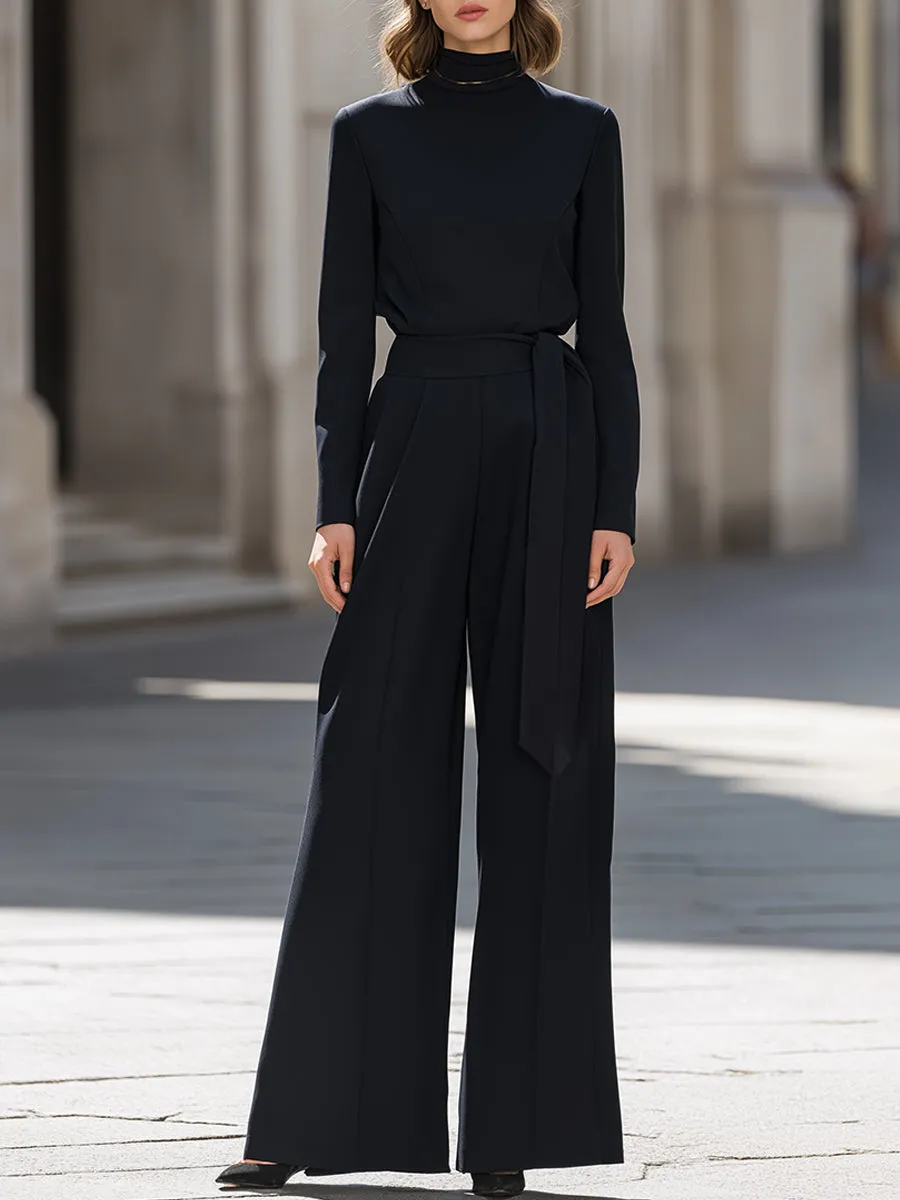Mock-Neck Top & Wide-Leg Tie-Waist Trousers Two-Piece Set sold by Mooyius