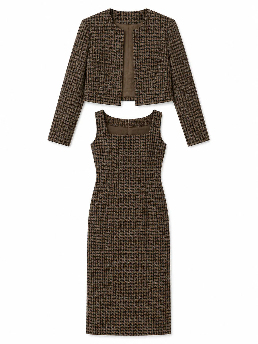 Houndstooth Blazer & Square Neck Midi Pencil Dress Two-Piece Set sold by Mooyius product image thumbnail 2