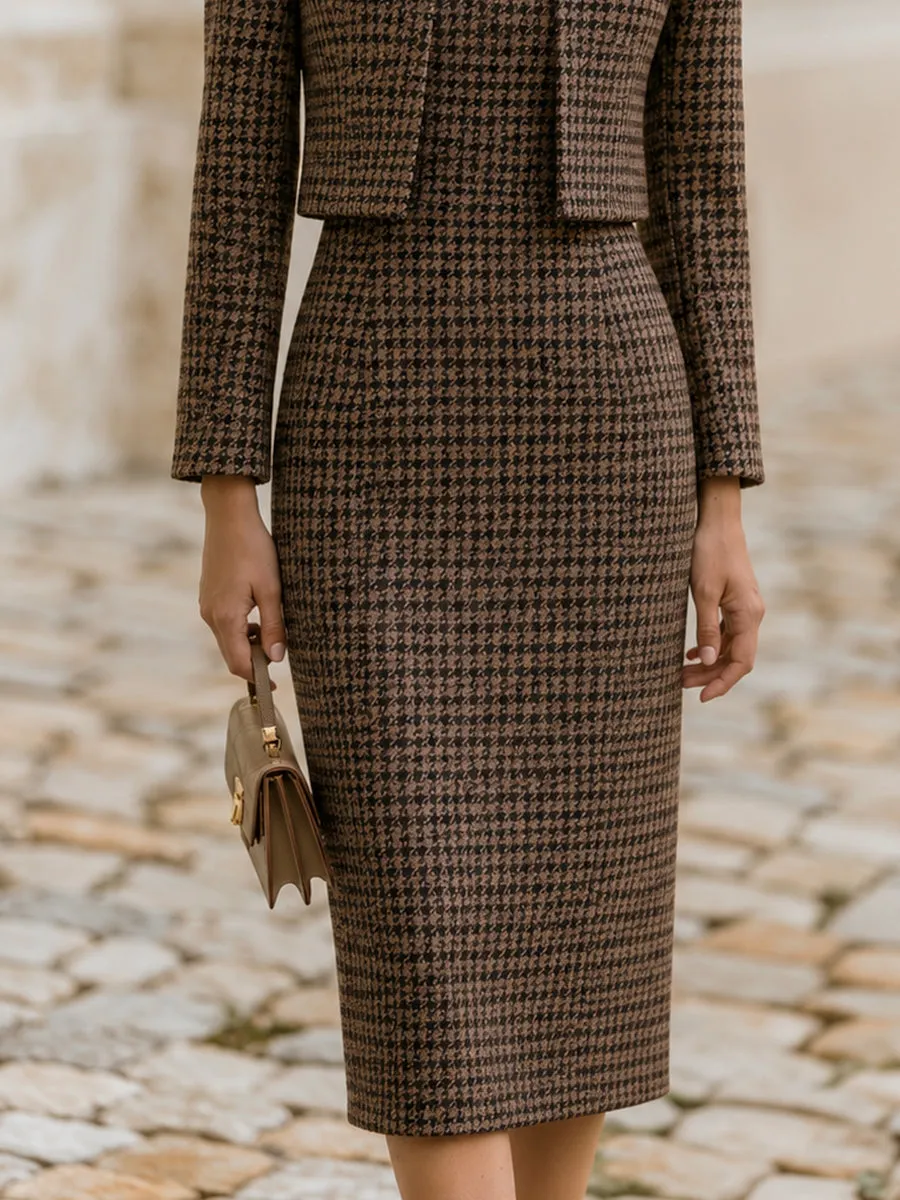 Houndstooth Blazer & Square Neck Midi Pencil Dress Two-Piece Set sold by Mooyius product image thumbnail 5