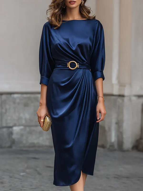 Elegant Draped Satin Gold Buckle Midi Dress made by Mooyius