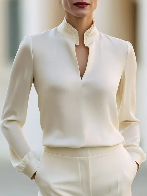 Ivory Ruffle Collar Long Sleeve Blouse made by Mooyius
