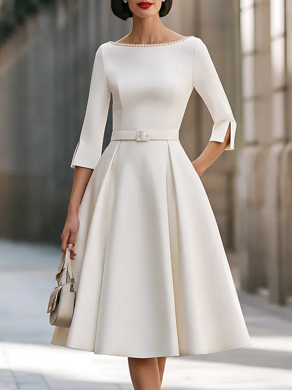 Pearl-Embellished Bateau-Neck Belted Midi Dress made by Mooyius