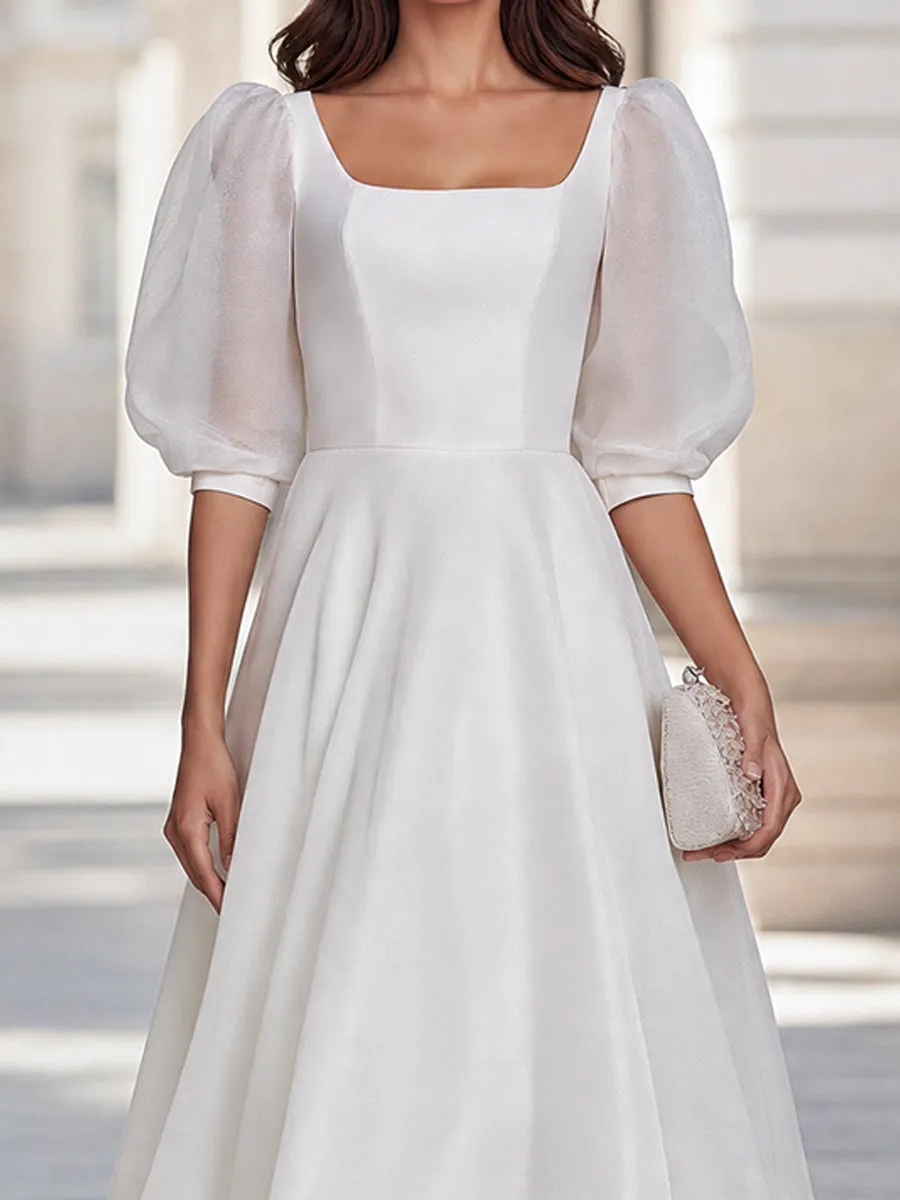 White Puff Sleeve Square Neck A-Line Midi Dress sold by Mooyius product image thumbnail 3