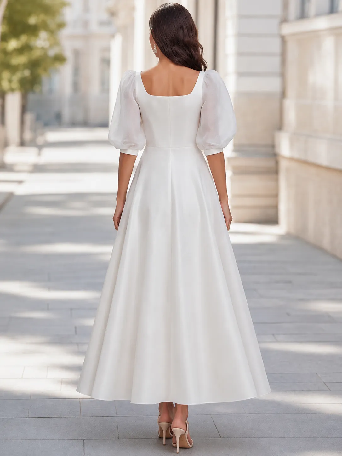 White Puff Sleeve Square Neck A-Line Midi Dress sold by Mooyius product image thumbnail 2