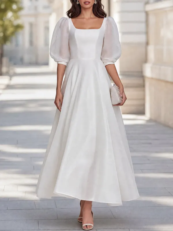 White Puff Sleeve Square Neck A-Line Midi Dress made by Mooyius