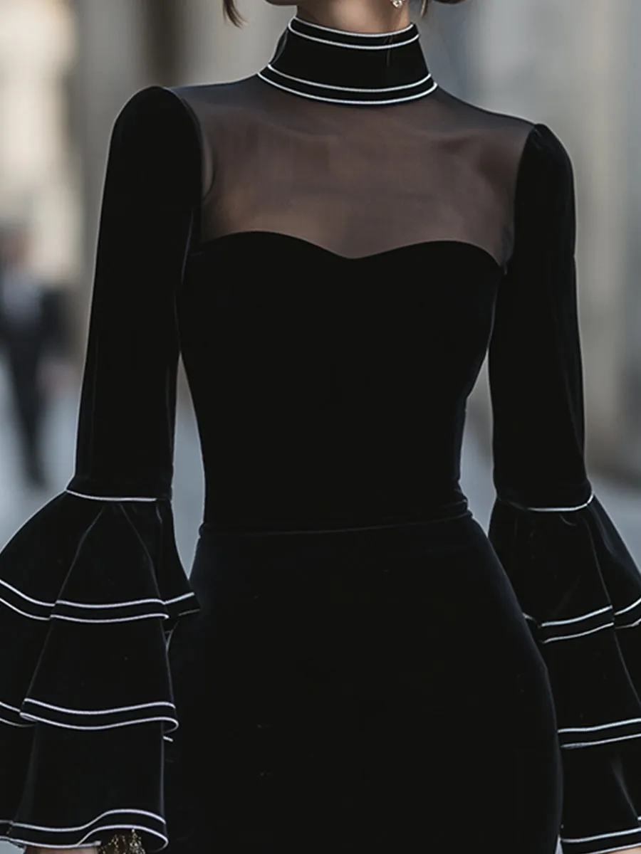 Sheer-Yoke Ruffle-Sleeve Bodycon Midi Dress sold by Mooyius product image thumbnail 3