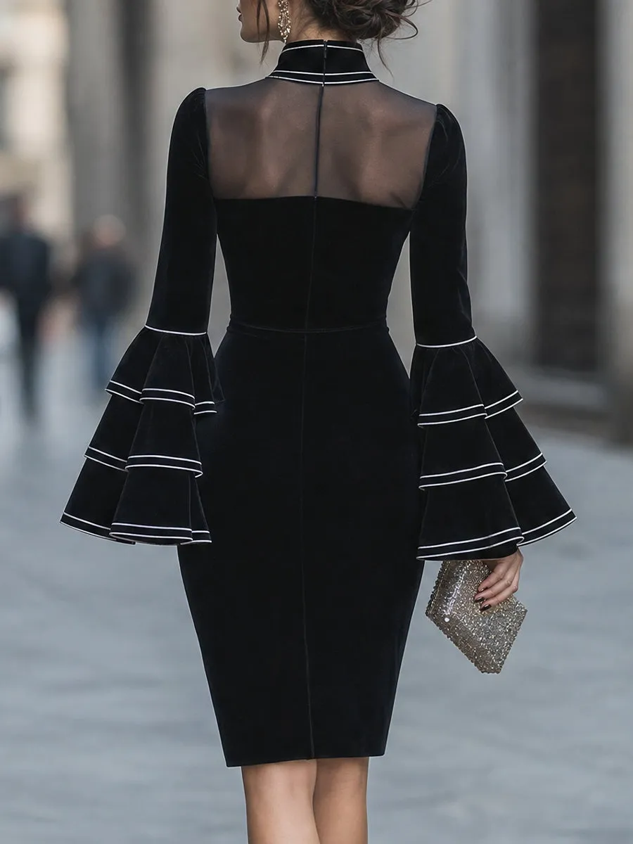 Sheer-Yoke Ruffle-Sleeve Bodycon Midi Dress sold by Mooyius product image thumbnail 5
