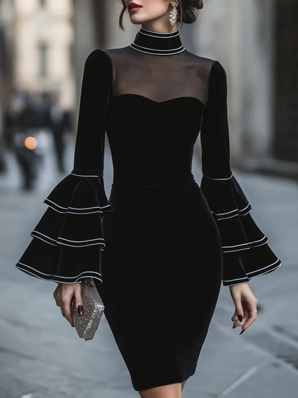Sheer-Yoke Ruffle-Sleeve Bodycon Midi Dress made by Mooyius